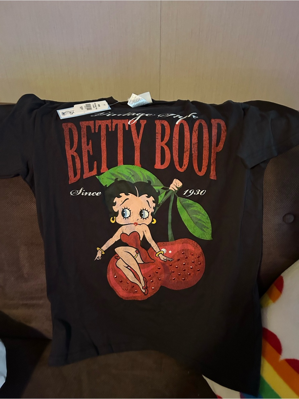 Betty Boop Black Tee with Red & Green Cherry Graphic
